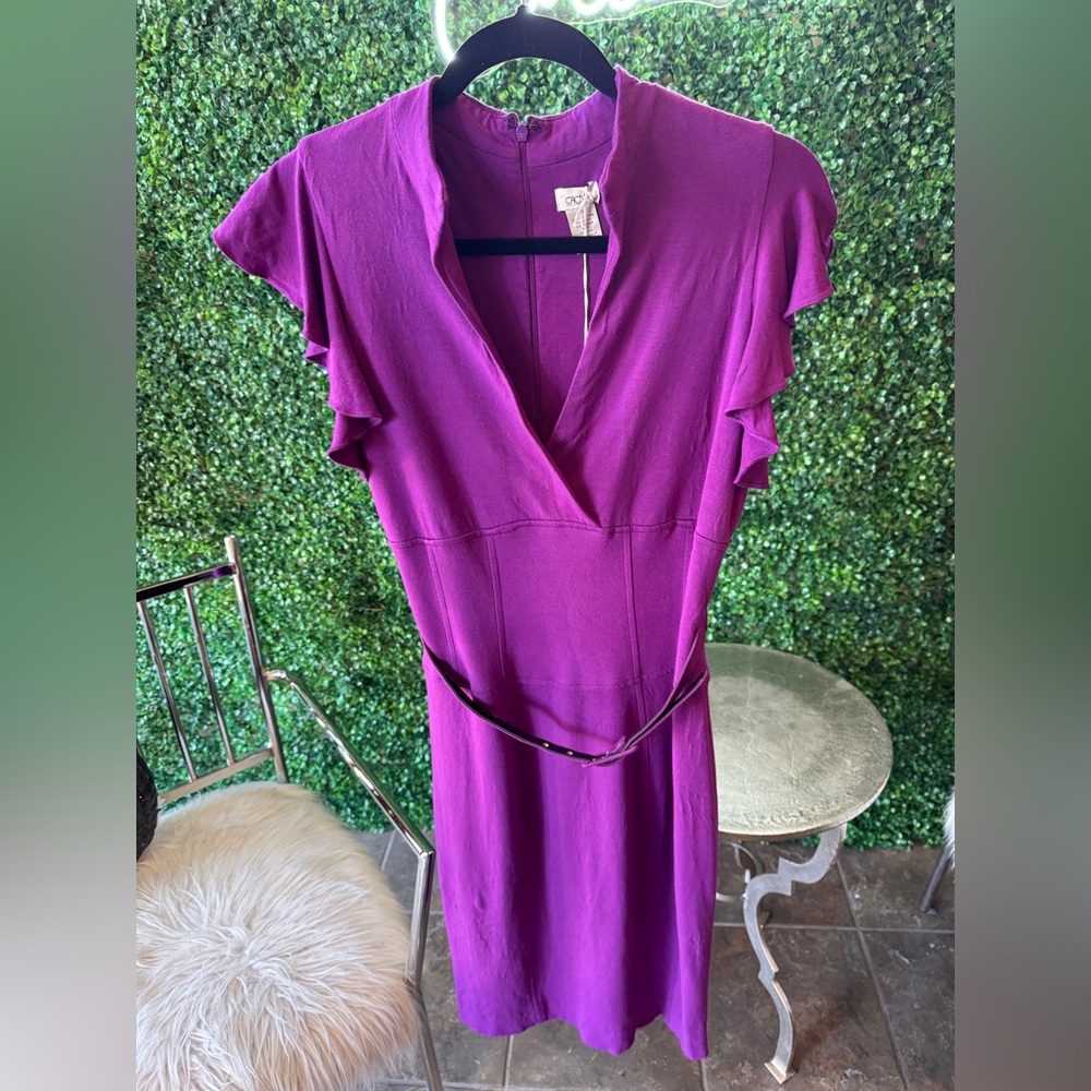Cache Purple Ruffle Sleeve Dress with Belt